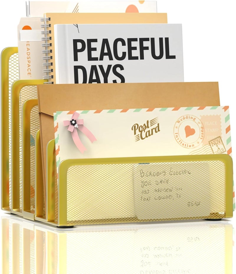ReePlan Mail Organizer Countertop with 5 Slot, Metal Mail Holder for Desk, File Holder Letter Sorter for Envelope, Bill and Document (Gold) - Image 1
